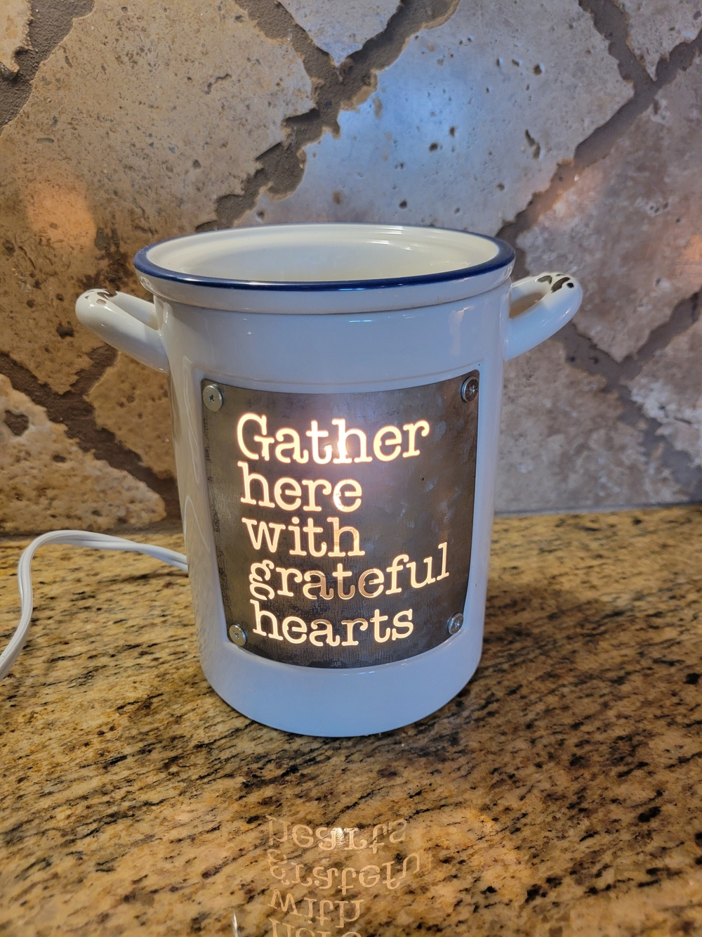 Scentsy White Ceramic Warmer with Blue Rim - "Gather Here with Grateful Hearts"